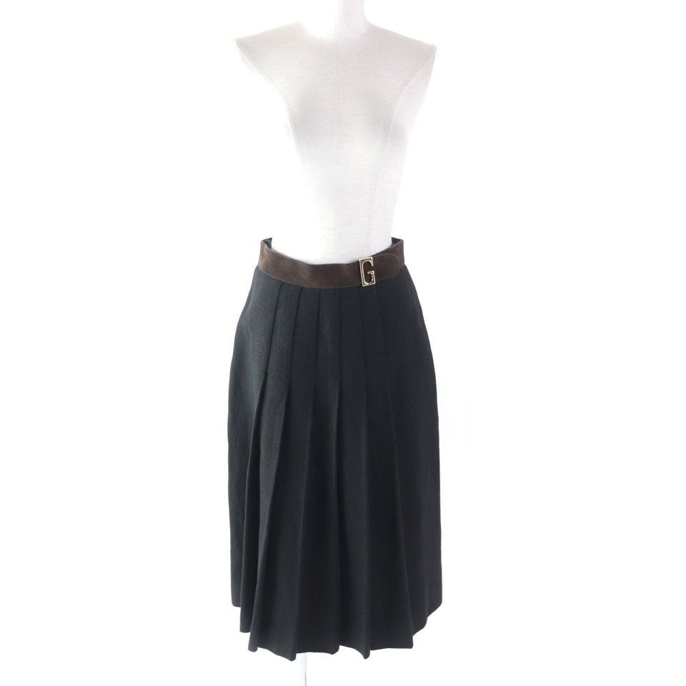 Gucci Pleated skirt 511243 Outer: 100% linen, Lining: 68% rayon, Lining: 32% silk, Part: suede leather Black brown Women 40