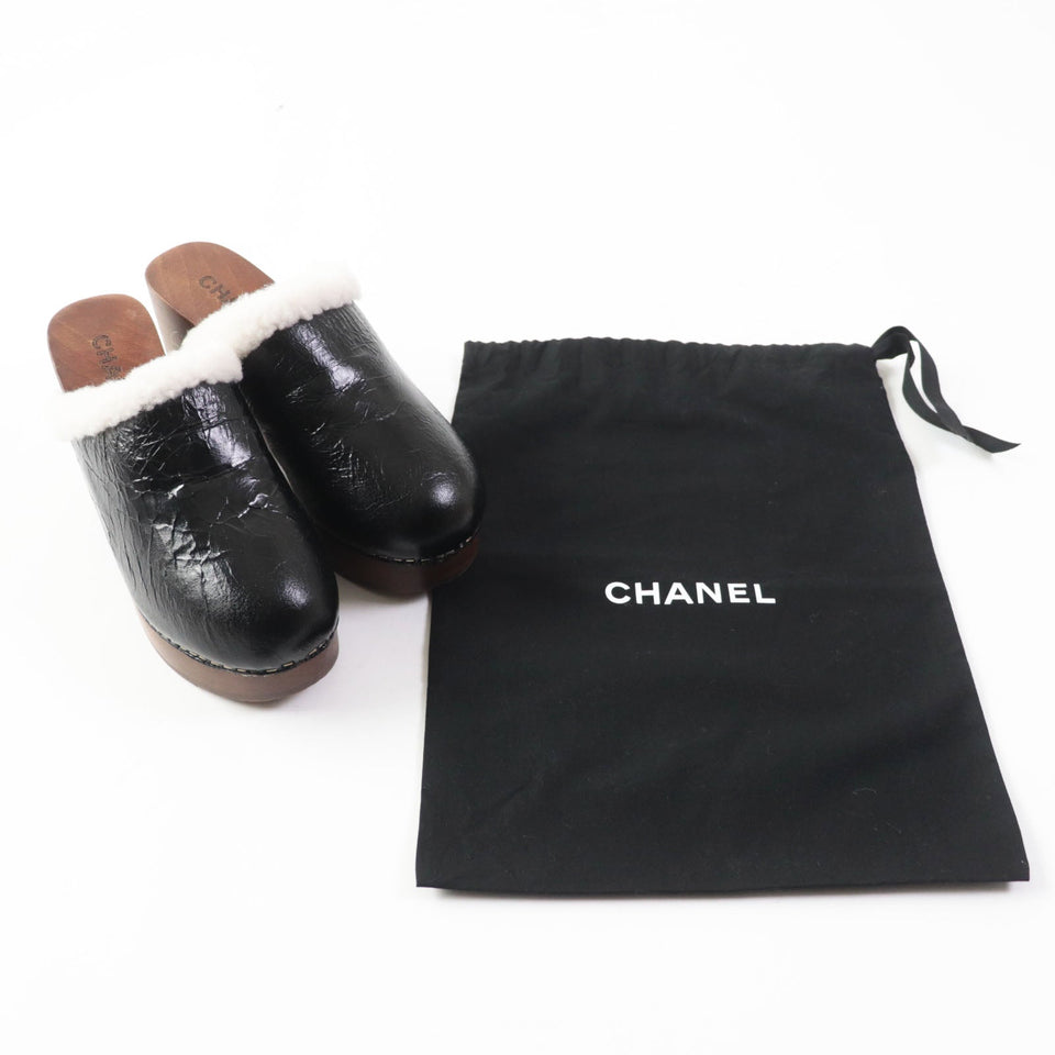 Chanel Sheepskin Clog Sandals Black Brown