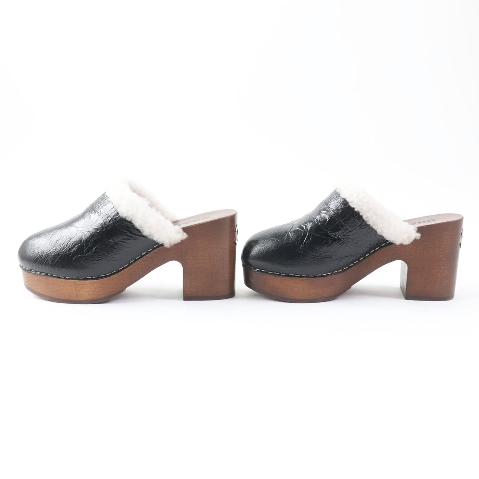 Chanel Sheepskin Clog Sandals Black Brown