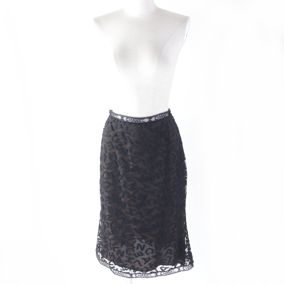 Chanel Vintage Logo Lace Knee Skirt Black 38
