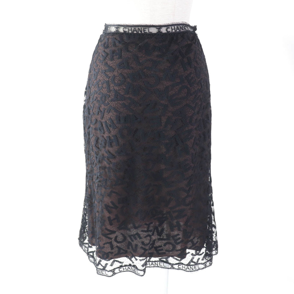 Chanel Vintage Logo Lace Knee Skirt Black 38