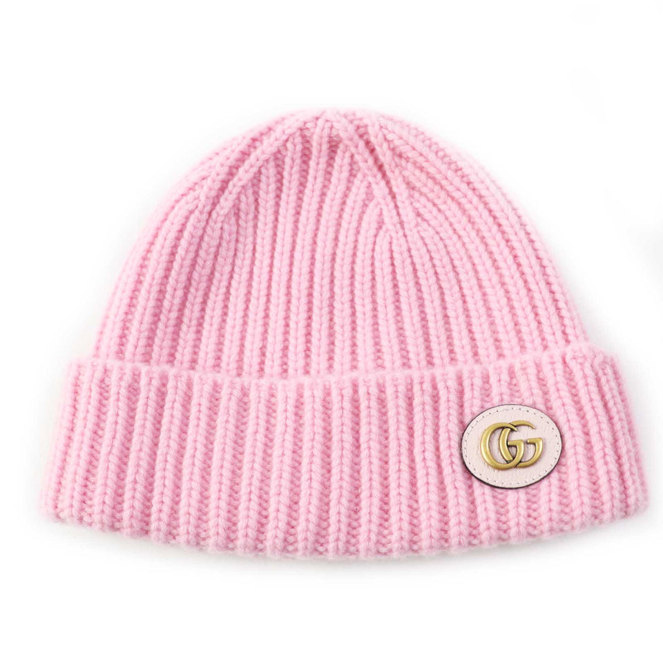 Gucci Knit cap 764594 Main: 85% wool, Main: 15% cashmere, Part: Lamb leather pink Women M 57 21cm