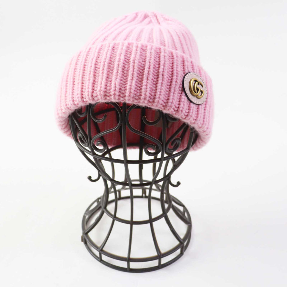 Gucci Knit cap 764594 Main: 85% wool, Main: 15% cashmere, Part: Lamb leather pink Women M 57 21cm