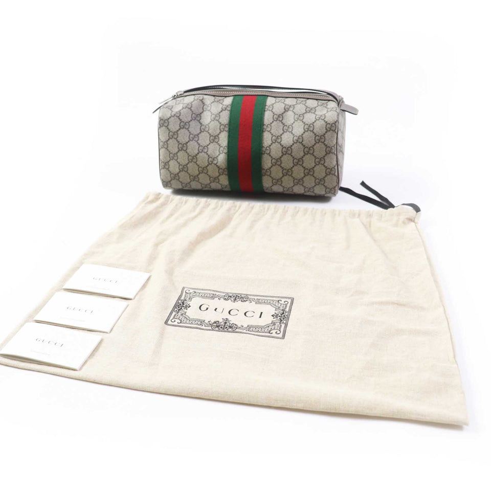 Gucci Pouch 759689 Leather x GG Supreme canvas Beige/Ebony Cosmetic case with Web stripes Women