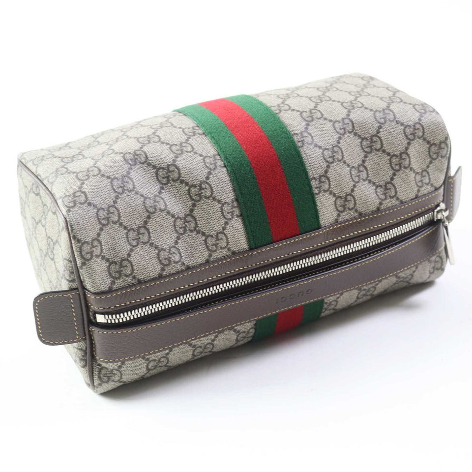 Gucci Pouch 759689 Leather x GG Supreme canvas Beige/Ebony Cosmetic case with Web stripes Women