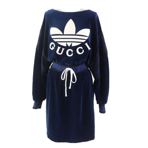 Gucci one piece 695679 Outer: 85% cotton, Outer: 15% nylon, Part: 100% nylon, Lining: 100% cotton, Trimming: 91% polyester, 9% polyurethane, Embroidery: 65% polyester, 31% cotton, 4% nylon Navy Trefoil embroidered chenille dress Women S