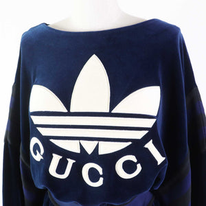 Gucci one piece 695679 Outer: 85% cotton, Outer: 15% nylon, Part: 100% nylon, Lining: 100% cotton, Trimming: 91% polyester, 9% polyurethane, Embroidery: 65% polyester, 31% cotton, 4% nylon Navy Trefoil embroidered chenille dress Women S