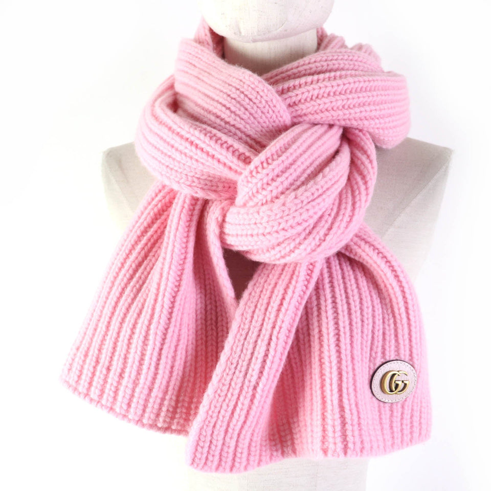 Gucci Scarf 773426 Main: 85% wool, Main: 15% cashmere, Part: leather pink scarf Patched knit Women