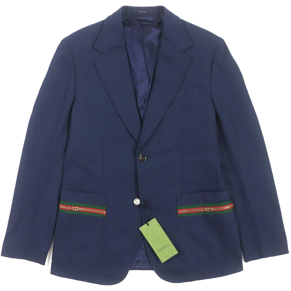 Gucci tailored jacket 751155 Main: 100% cotton, Lining: 100% rayon, Parts: 100% rayon, Applique: 35% acrylic, 35% alpaca, 30% polyester Navy Cotton formal jacket with Web stripe detail mens 46