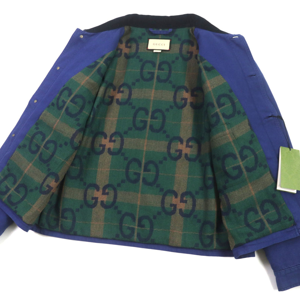 Gucci Blouson 709636 XDB39 cotton blue Padded jacket Corduroy collar, GG check pattern on the back 48
