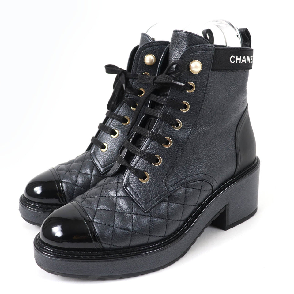 Chanel Leather Logo Matelasse Ankle Boots