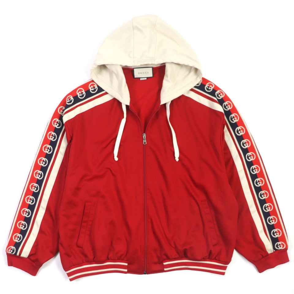 Gucci Track jacket 575758 Outer: 55% polyester, Outer: 45% cotton, Part: 84% polyester, Part: 14% nylon, Part: 2% polyurethane Red beige Interlocking G mens XL