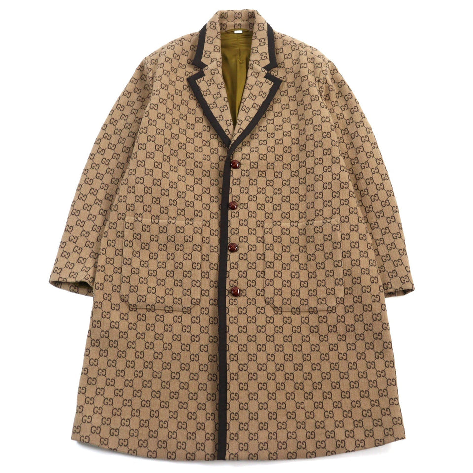 Gucci Chester coat 598710 Outer material: 88% wool, Outer material: 12% nylon, Lining: 100% rayon, Part: 100% wool, Leather part: cowhide Beige All-over Pattern mens 50