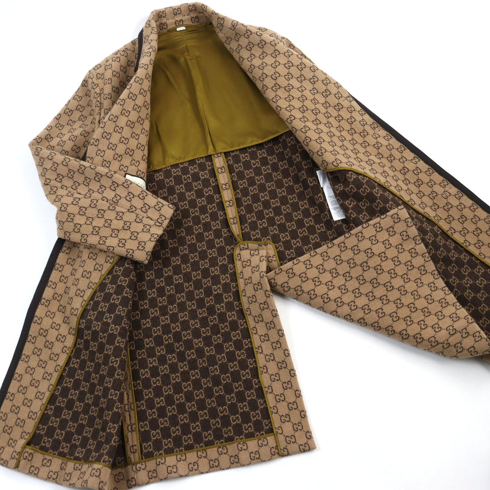 Gucci Chester coat 598710 Outer material: 88% wool, Outer material: 12% nylon, Lining: 100% rayon, Part: 100% wool, Leather part: cowhide Beige All-over Pattern mens 50