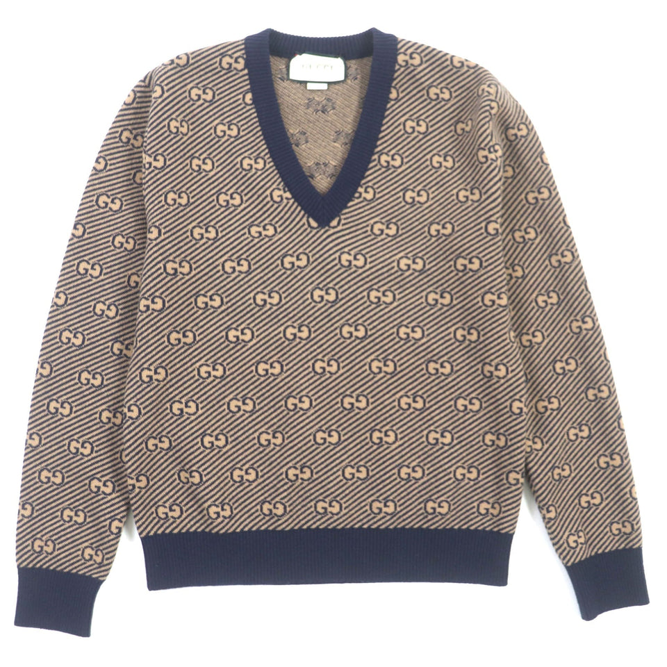 Gucci sweater 626643 Main: 90% wool, Main: 10% cashmere, Part: 86% wool, Part: 13% nylon, Part: 1% polyurethane Brown navy mens XS