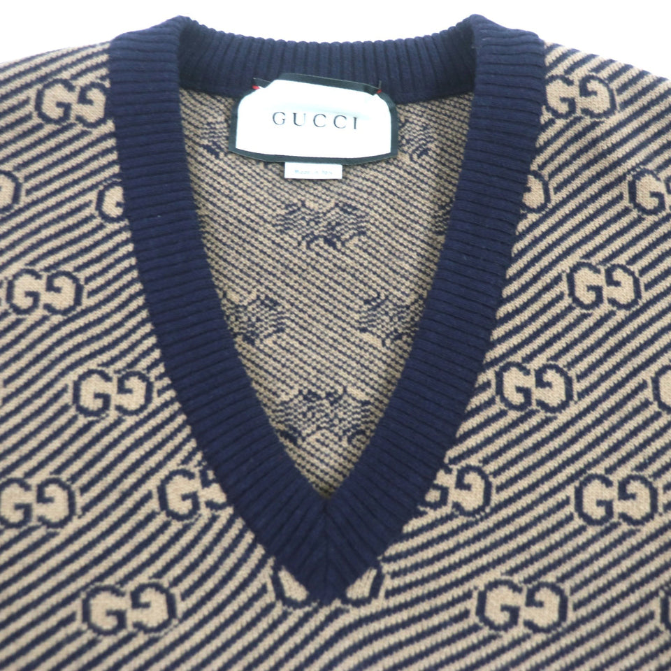 Gucci sweater 626643 Main: 90% wool, Main: 10% cashmere, Part: 86% wool, Part: 13% nylon, Part: 1% polyurethane Brown navy mens XS