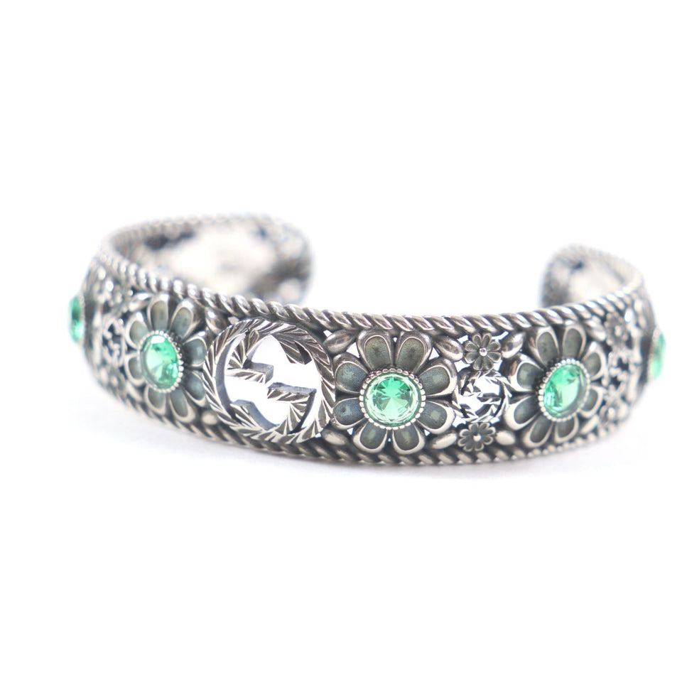 Gucci bracelet AG925 Silver Green Crystal Floral Interlocking G 16