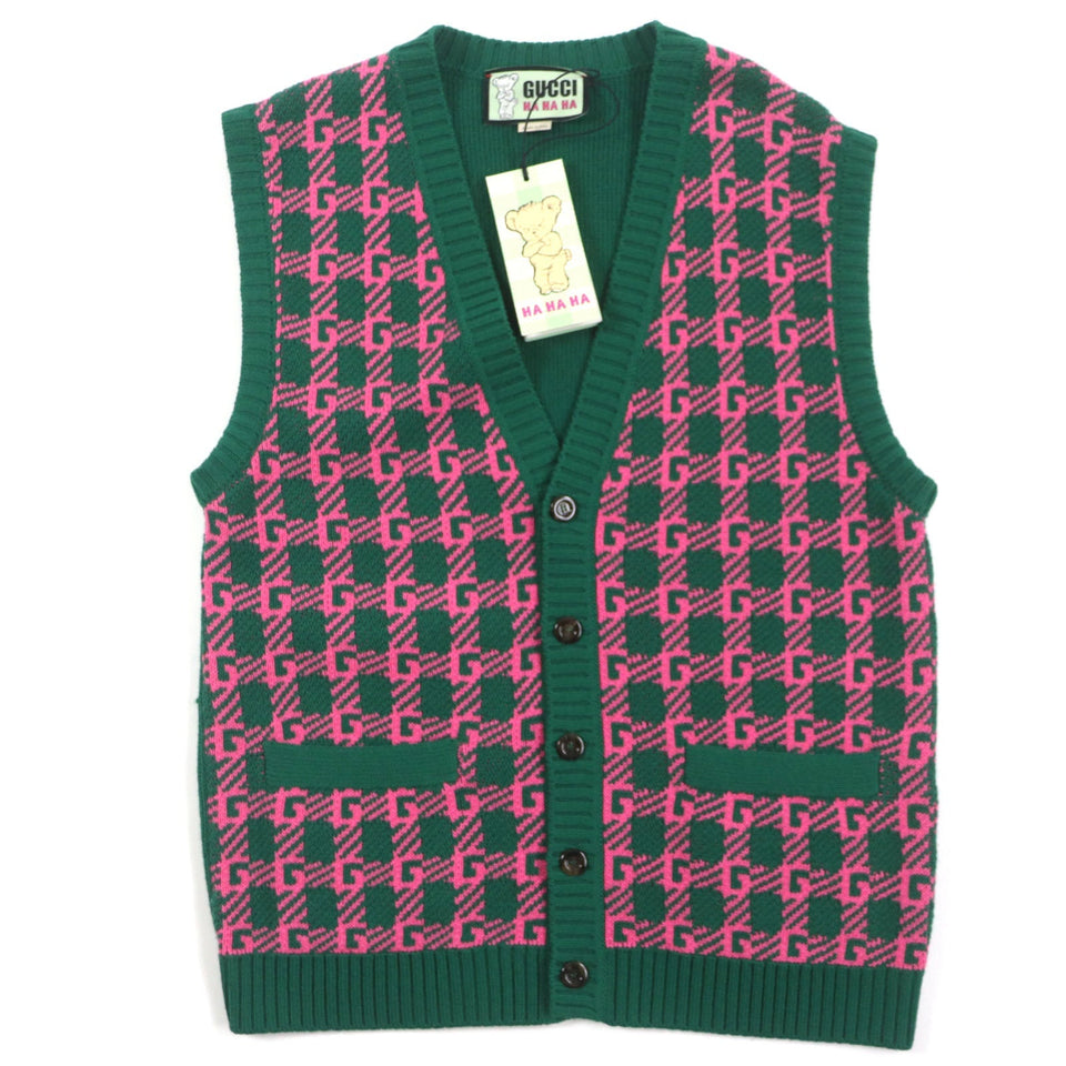 Gucci Vest 711573 Main: 71% wool, Main: 29% cotton, Outer: 100% wool Green pink HA HA HA mens M