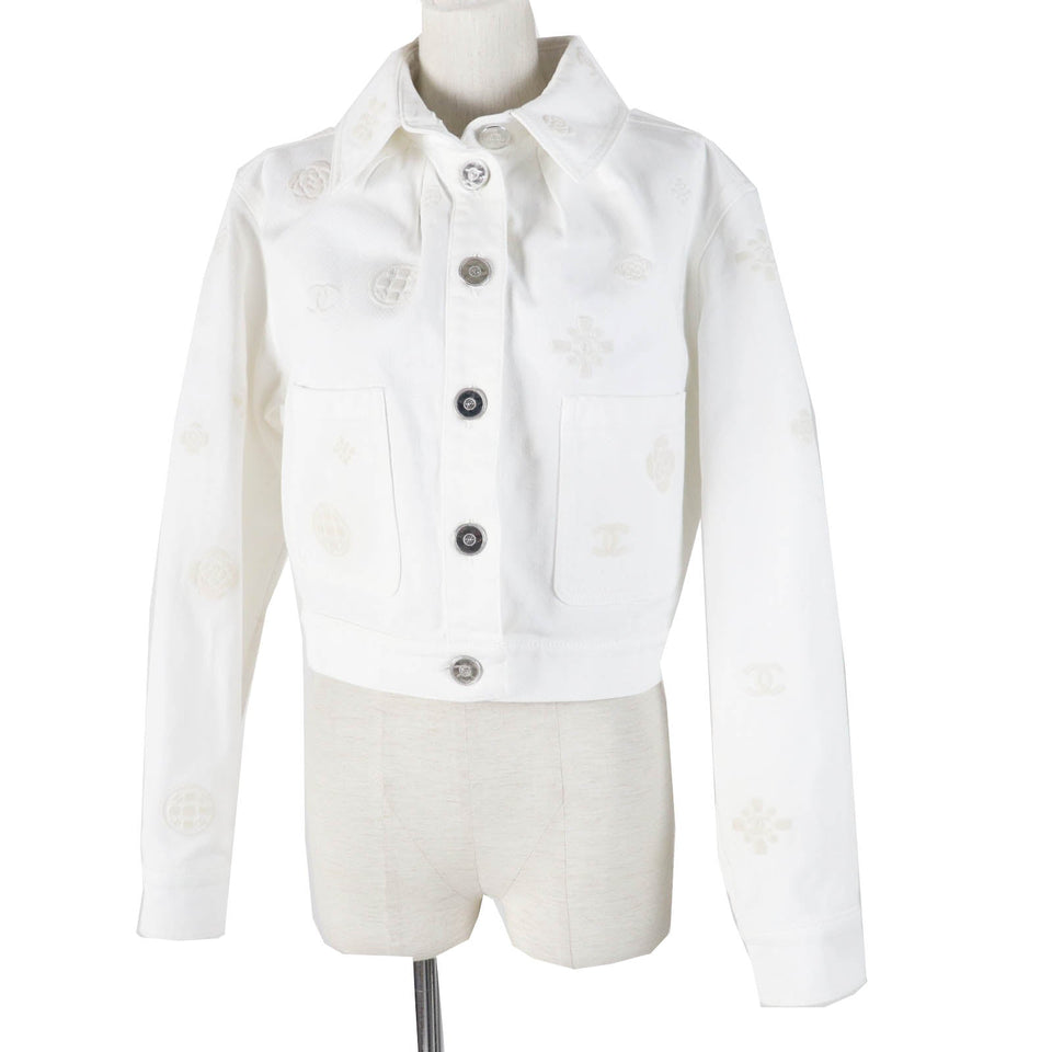 Chanel Cotton COCO Mark Button Camellia Embossed Cropped Denim Jacket