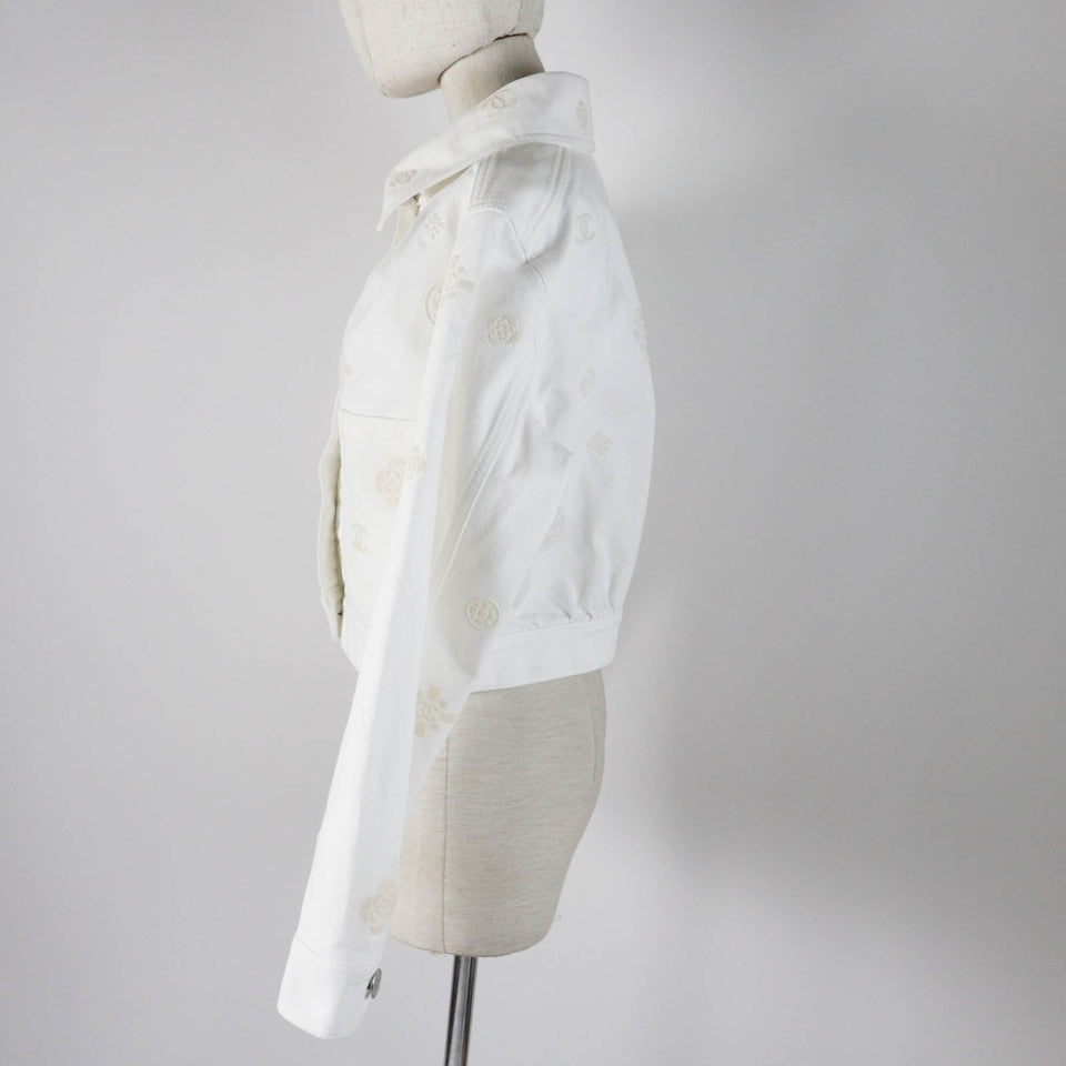 Chanel Cotton COCO Mark Button Camellia Embossed Cropped Denim Jacket