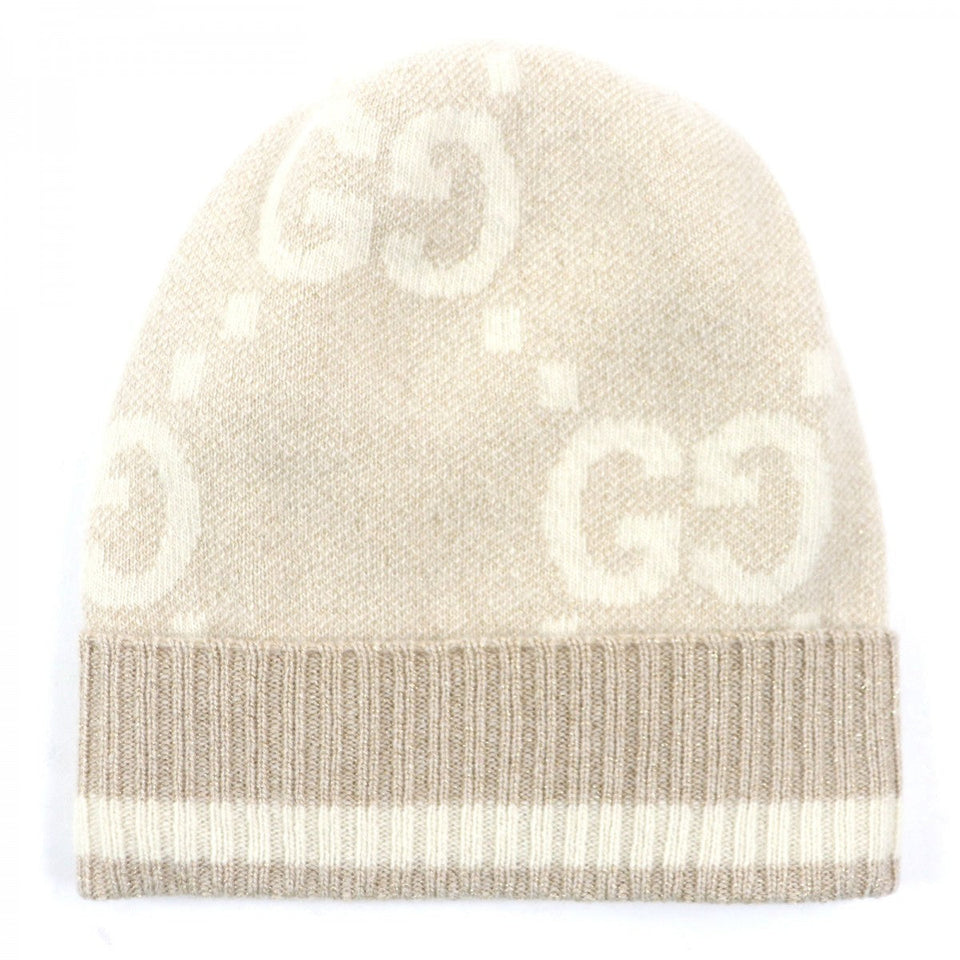 Gucci Knit cap 765053 Main: 84% cashmere, Main: 9% rayon, Main: 4% polyester, Main: 3% polyester camel white GG Cashmere Jacquard Cap mens M