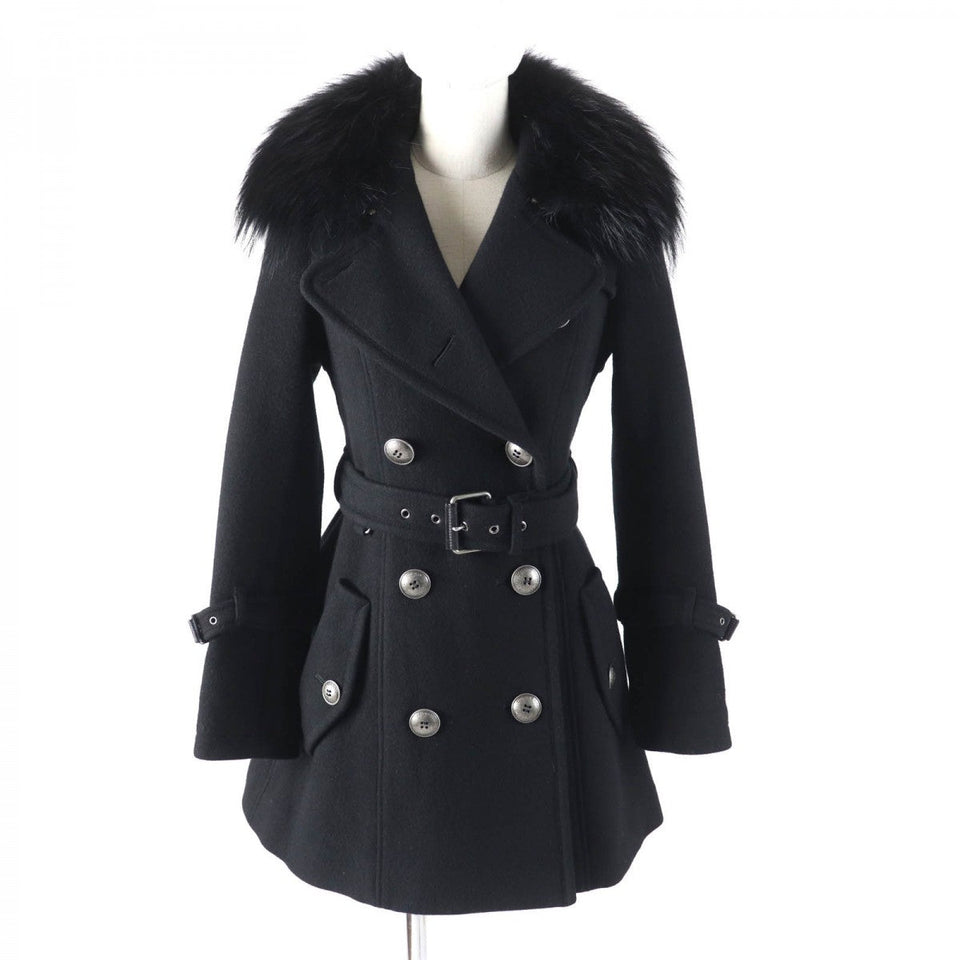 Burberry BLUE LABEL trench coat Outer material: 70% wool, Outer material: 30% angora, Fur: raccoon, Part: cowhide, Lining: 100% polyester black Women 38