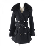 Burberry BLUE LABEL trench coat Outer material: 70% wool, Outer material: 30% angora, Fur: raccoon, Part: cowhide, Lining: 100% polyester black Women 38