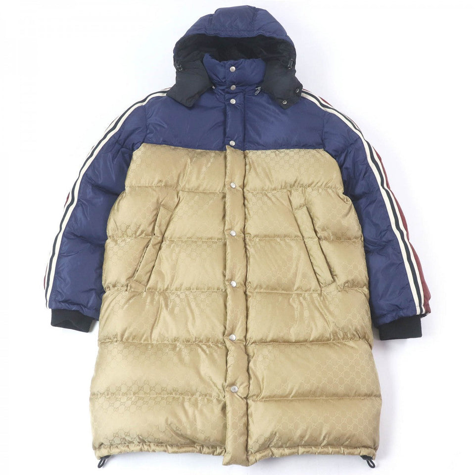 Gucci down coat 590744 Main: 100% nylon, some: 70% cotton, some: 28% rayon, some: 2% elastane (polyurethane), some: 55% polyester, some: 100% nylon 100% cotton Bordeaux Blue Gold mens 50