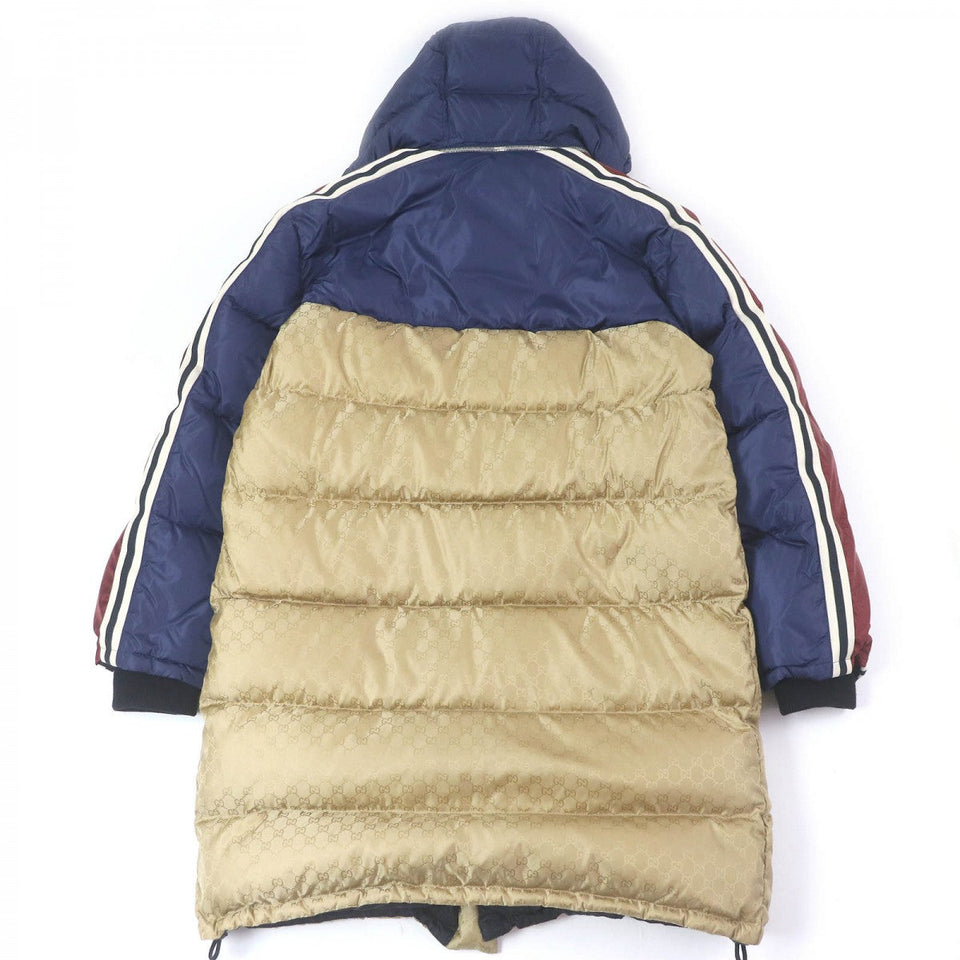 Gucci down coat 590744 Main: 100% nylon, some: 70% cotton, some: 28% rayon, some: 2% elastane (polyurethane), some: 55% polyester, some: 100% nylon 100% cotton Bordeaux Blue Gold mens 50