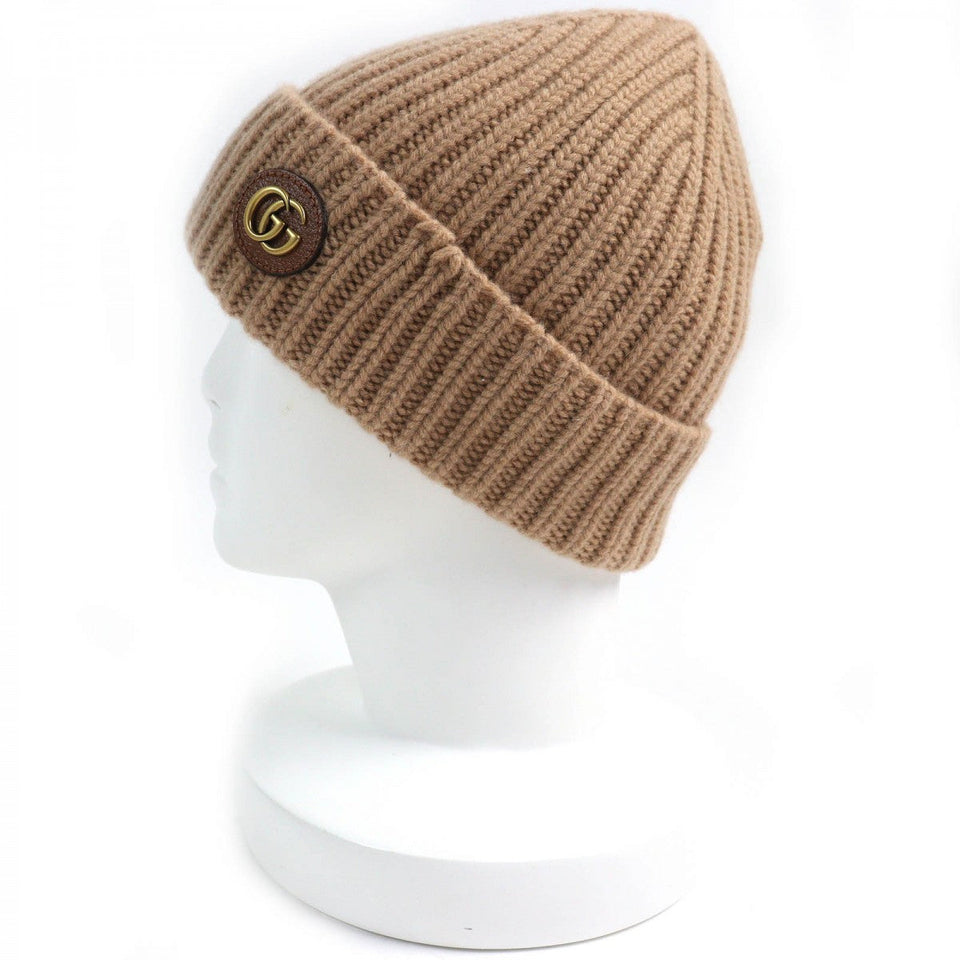 Gucci Knit cap 764594 Main: 85% wool, Main: 15% cashmere, Leather part: sheepskin Camel mens M