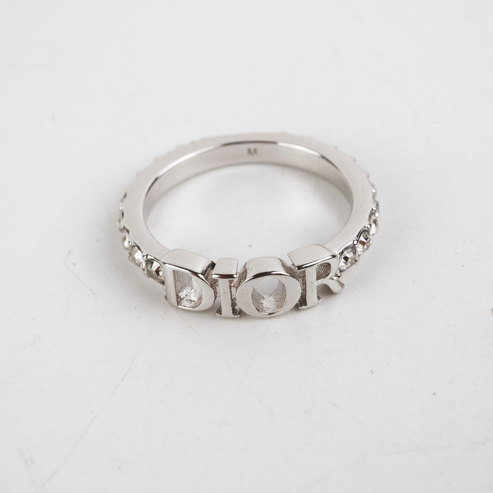Christian Dior Logo Silver Rhinestone Ring Size M Costume Jewellery