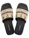 Luxury Burberry Label Print Gabardine Leather Slippers Beige