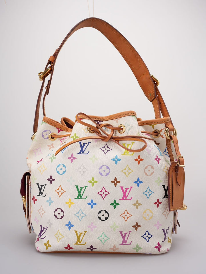 Louis Vuitton Takashi Murakami White Multicolore Monogram Coated Canvas Petit Noe Bag Gold Hardware
