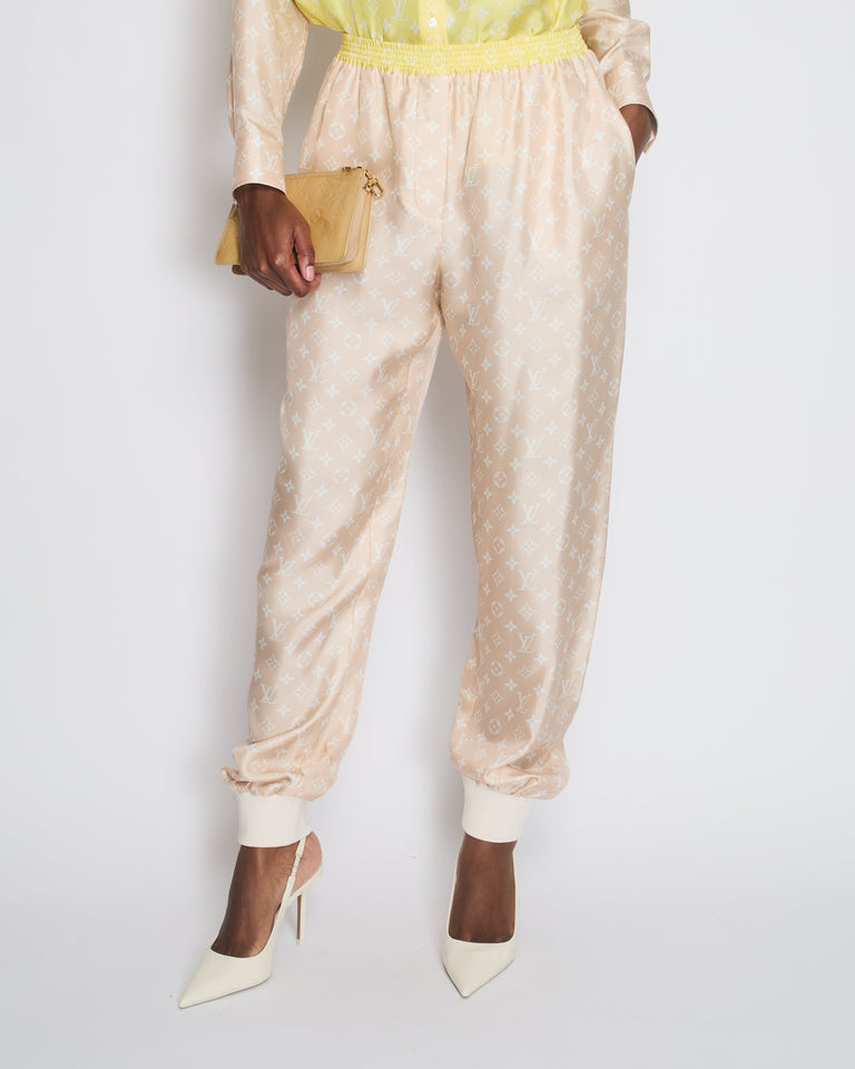 Louis Vuitton Beige Silk Monogram Joggers with Cuff Detail Size FR 40 (UK 12)