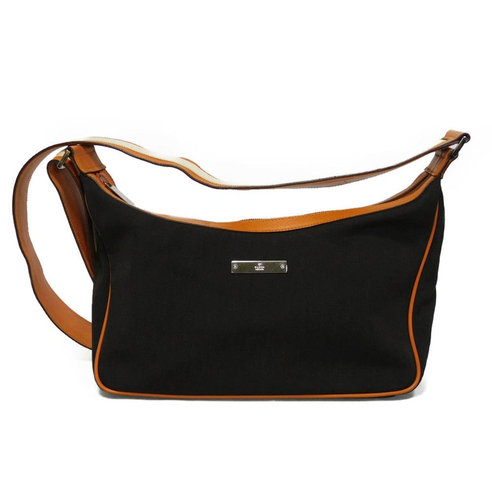 Gucci Shoulder Bag 019 0460 cotton Dark brown Calfskin Nylon Stripe Pochette logo plate crossbody unisex(Unisex)