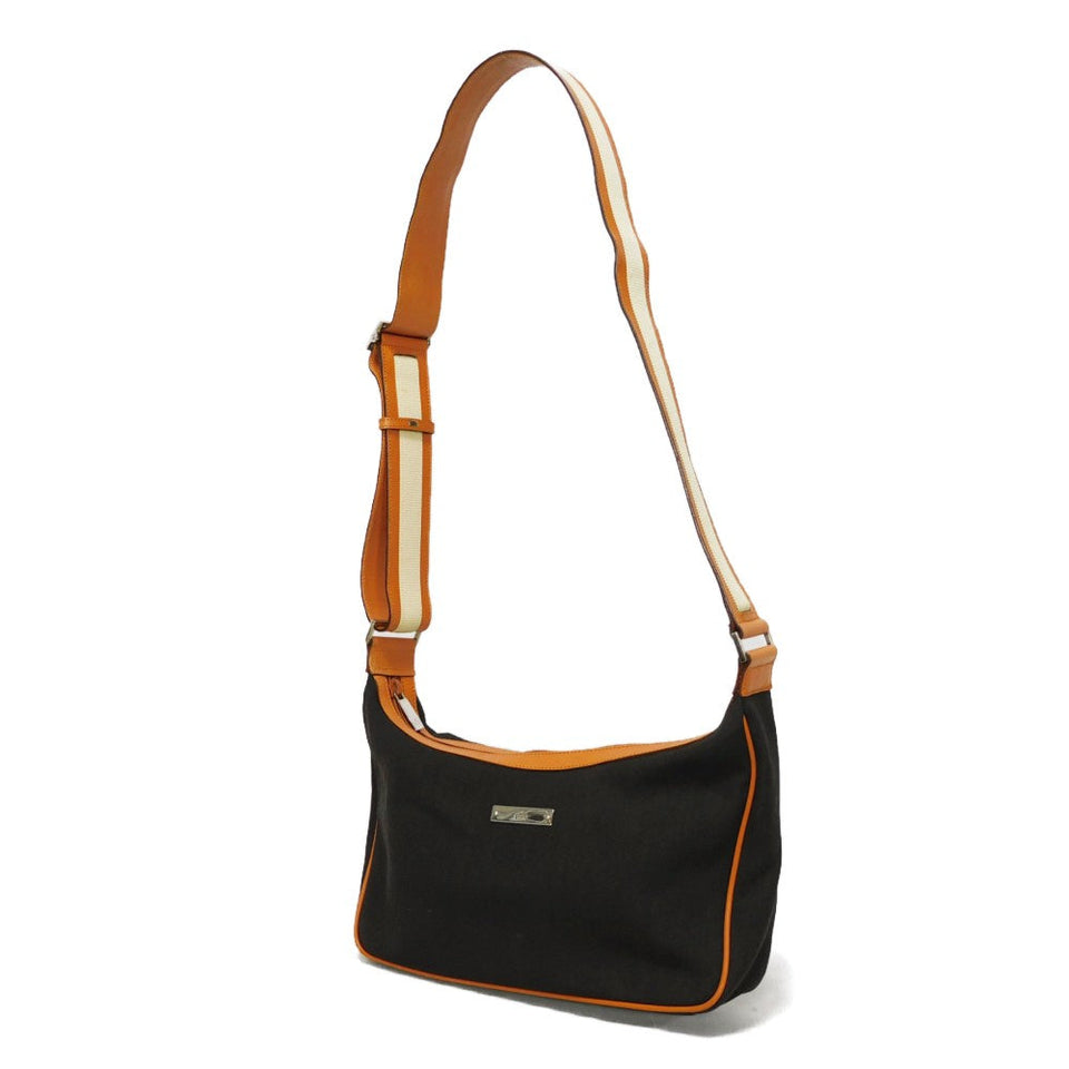 Gucci Shoulder Bag 019 0460 cotton Dark brown Calfskin Nylon Stripe Pochette logo plate crossbody unisex(Unisex)