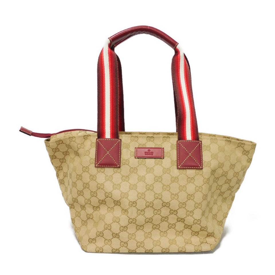 Gucci Tote Bag 131230 GG canvas x calf leather beige logo embossed leather patch double G red GG canvas Web stripe tote unisex(Unisex)