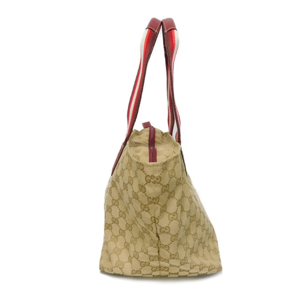 Gucci Tote Bag 131230 GG canvas x calf leather beige logo embossed leather patch double G red GG canvas Web stripe tote unisex(Unisex)