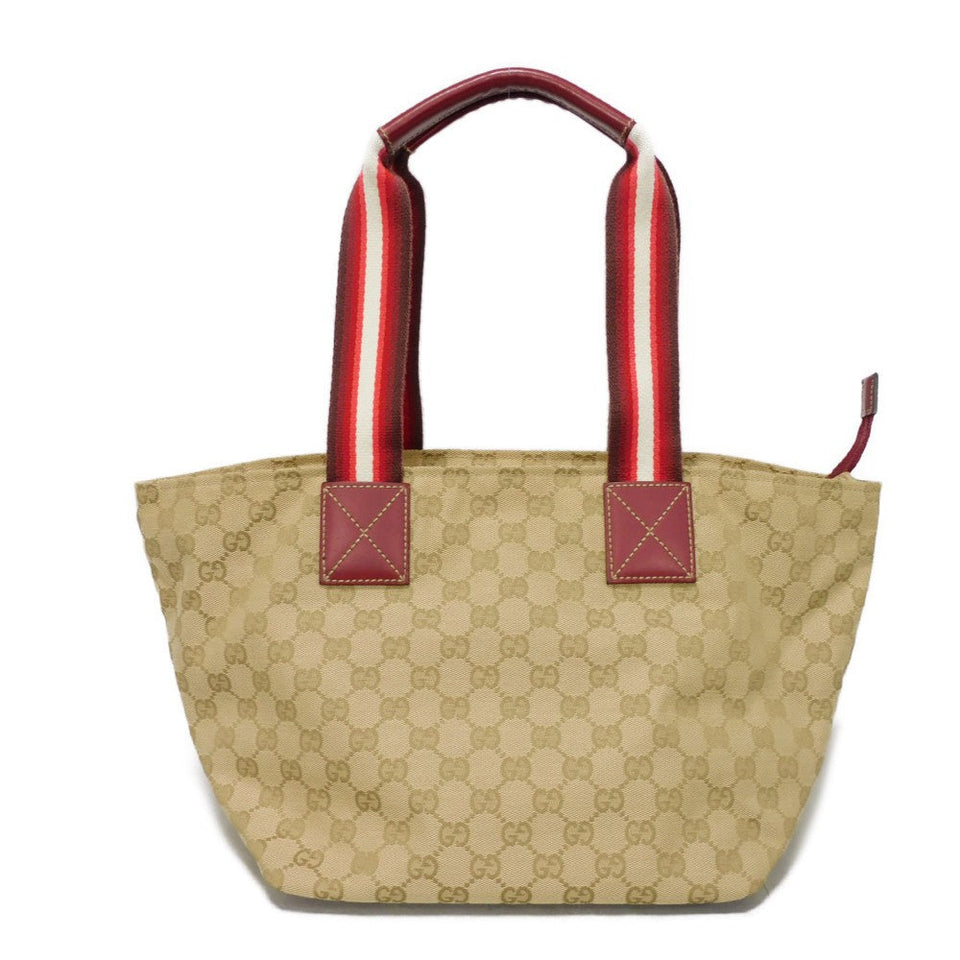 Gucci Tote Bag 131230 GG canvas x calf leather beige logo embossed leather patch double G red GG canvas Web stripe tote unisex(Unisex)