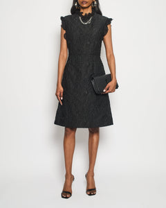 Louis Vuitton Black Textured Floral Midi Dress With Chiffon Frill Detail and Silver Logo Chain Hardware FR 38 (UK 10)