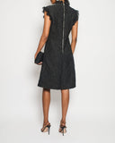 Louis Vuitton Black Textured Floral Midi Dress With Chiffon Frill Detail and Silver Logo Chain Hardware FR 38 (UK 10)