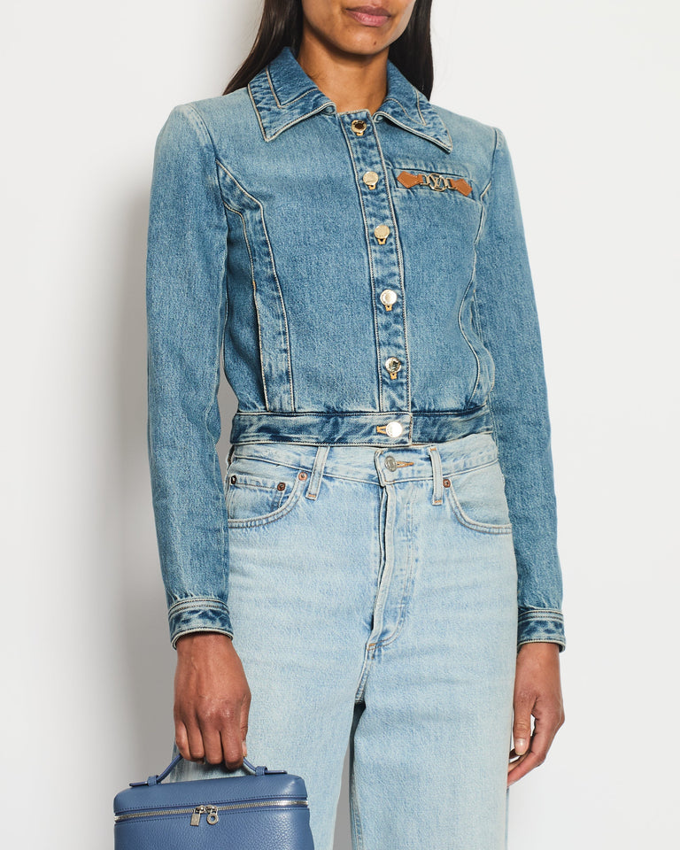 Louis Vuitton Blue Cropped Denim Jacket with Gold Logo Detail and Gold Buttons RRP £2,110 Size FR 34 (UK 6)