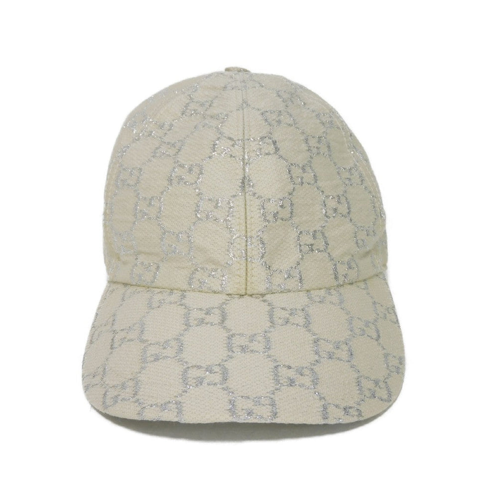 Gucci hat 631953 3HK75 9060 Outer: Wool 71(%) x Nylon 17(%) Metal fiber 12(%) Lining: Rayon 72(%) Silk 28(%) white Double GS 22" Wool Nylon Ivory Silver Velcro GG glitter Baseball cap Women