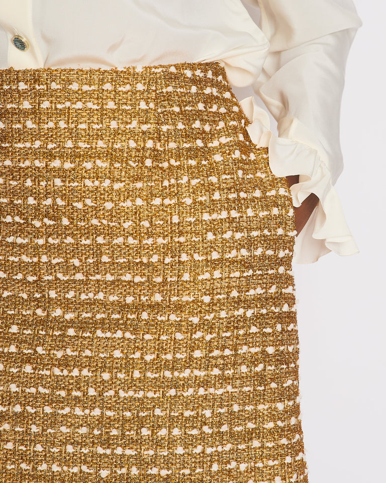 Louis Vuitton Gold Tweed Mini Skirt with Pocket Detail Size FR 40 (UK 12)