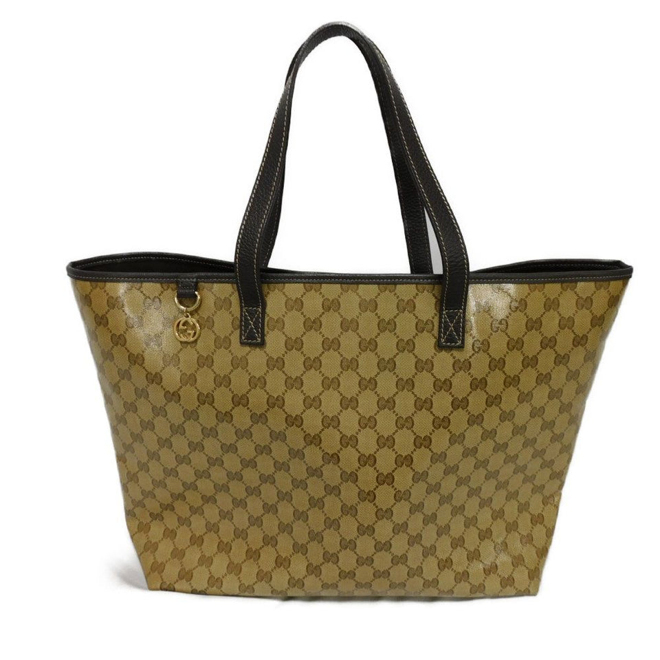 Gucci Tote Bag 211525 GG Crystal Canvas (Plastics finish) beige Plastics coating brown Interlocking G charm GG Crystal Tote unisex(Unisex)