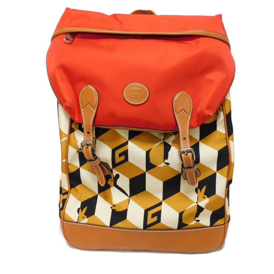 Gucci Backpack 696013 Nylon x Calfskin Brown G logo rabbit red Interlocking G Lybit Nylon Daypack mens