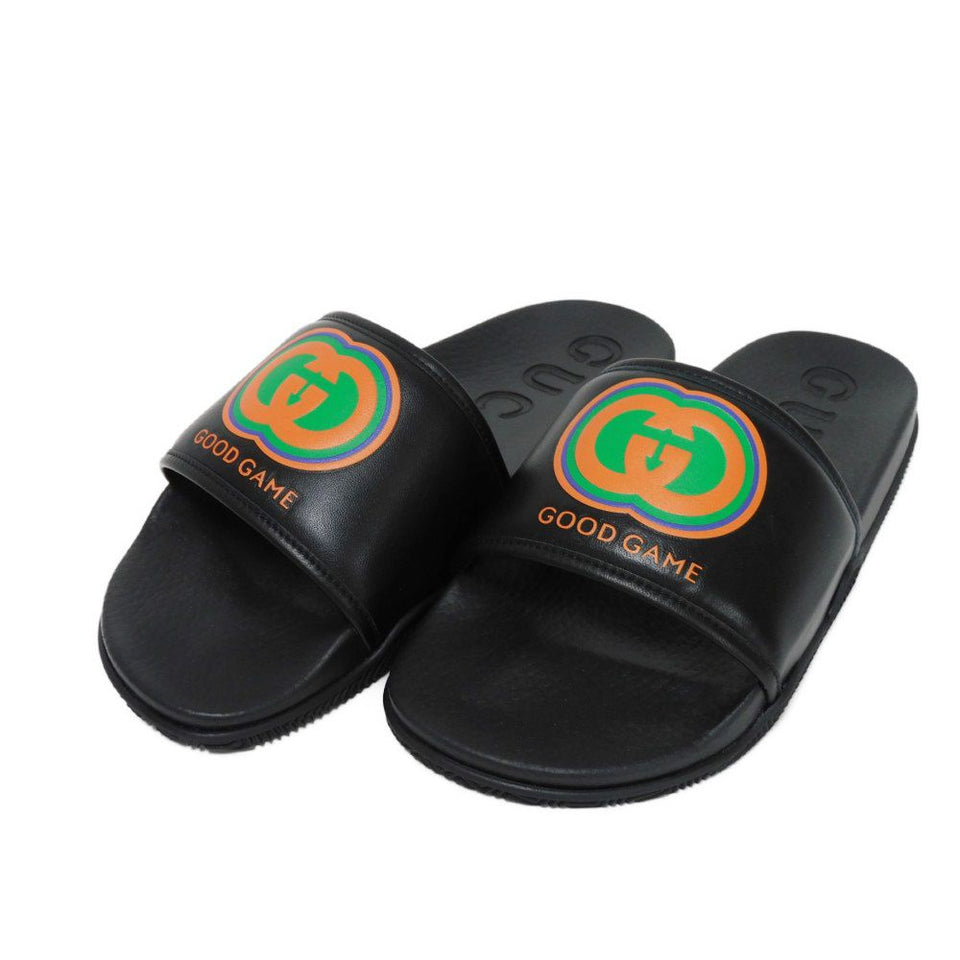 Gucci Sandals 722427 0R030 1000 Calfskinx rubber black Double G logo embossed orange unused Interlocking G GOOD GAME Slide mens 9