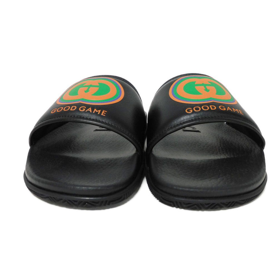 Gucci Sandals 722427 0R030 1000 Calfskinx rubber black Double G logo embossed orange unused Interlocking G GOOD GAME Slide mens 9