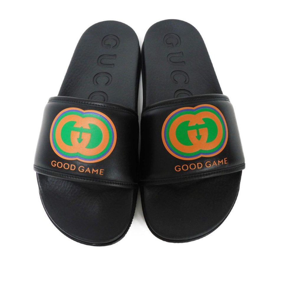 Gucci Sandals 722427 0R030 1000 Calfskinx rubber black Double G logo embossed orange unused Interlocking G GOOD GAME Slide mens 9