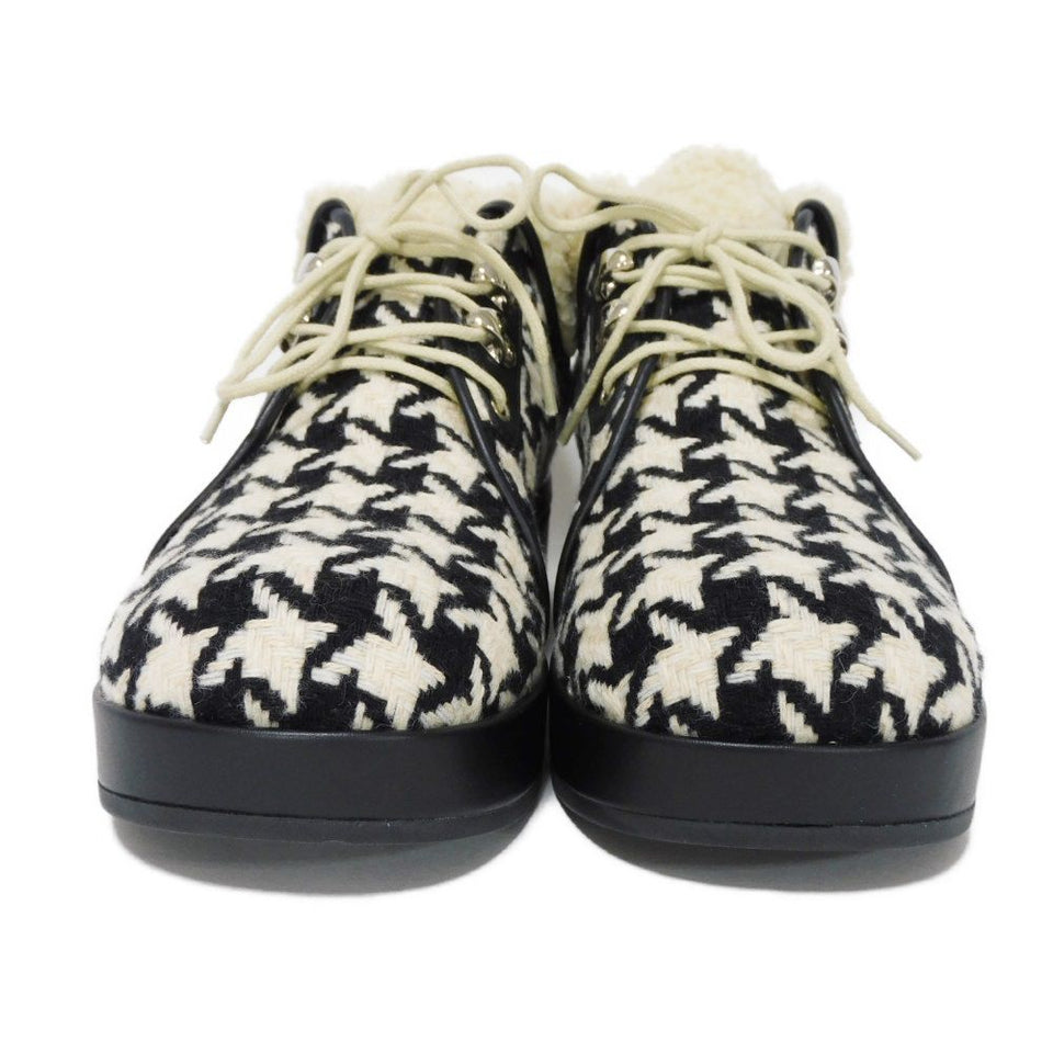 Gucci boots 591039 wool Ivory Houndstooth pattern, all-over pattern, black, lace-up, unused Tweed Boa Ankle Women 37